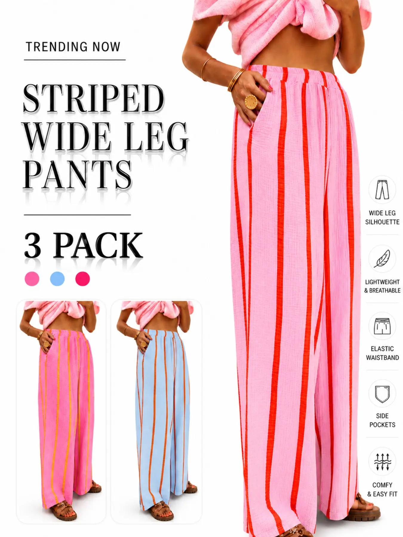 Women's 1/3 Pack Striped Wide Leg Pants, High Waist Elastic Palazzo Pants with Side Pockets, Leg-Lengthening Flowy Fall Outfit for Travel, Vacation & Everyday Wear