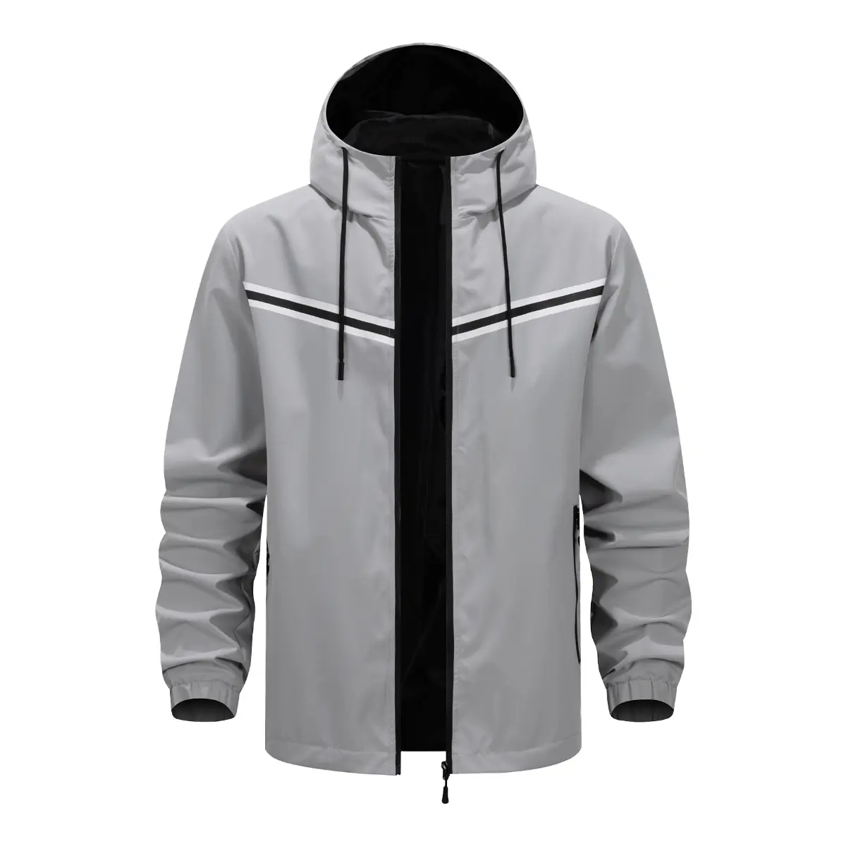 Men's Light Grey V-Stripe Foldable Colorblock Polyester Hooded Windbreaker Jacket - Zip-Up Lightweight Casual Sports Outerwear, Medium Length, Drawstring Hood, Elastic Cuffs, Machine Washable for Spring Autumn Urban Daily Wear