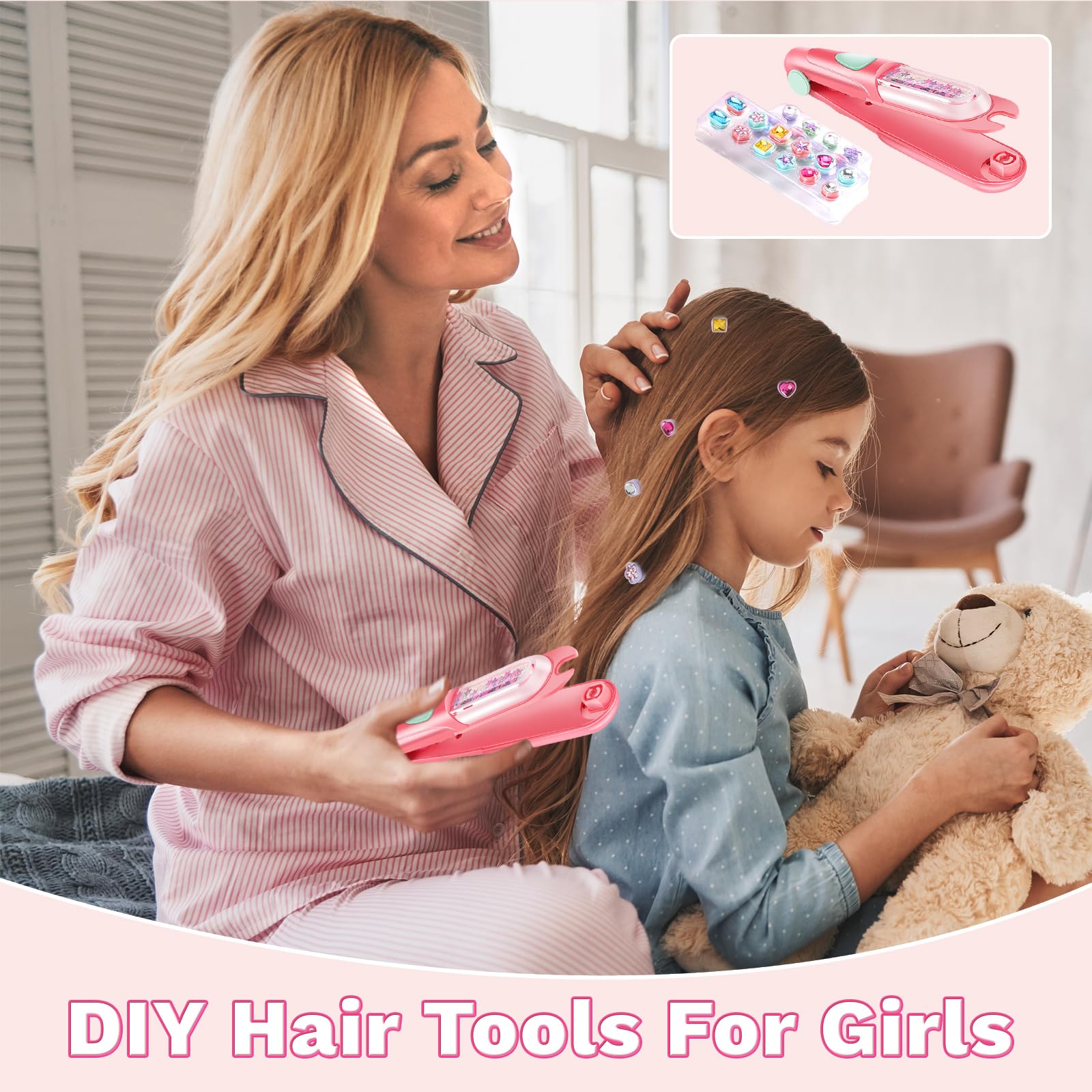 Hair Gem Stamper Kit with Reusable Shiny Rhinestones, Heatless Hair Styling Tool for Girls
