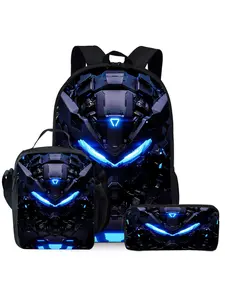 Robot-themed Three-piece Backpack Set （Single-Layer Backpack + Shoulder Strap Lunch Bag + Single-Layer Pencil Bag）School Backpack Mechanical Pattern Backpack Vibrant Robot Print