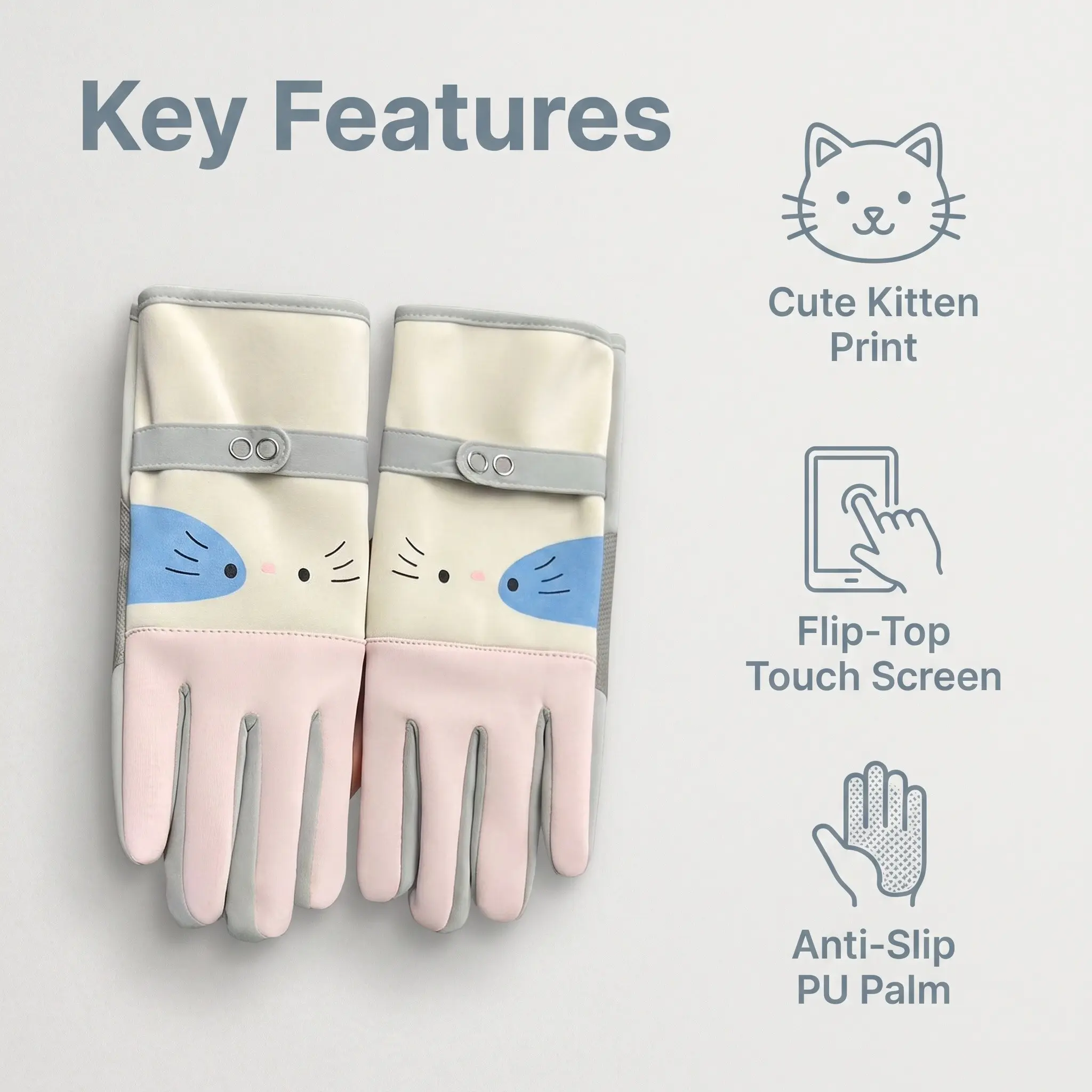 Kawaii Cute Kitten Flip-Top Touch Screen Gloves, Light Thin Windproof, Adjustable Wrist, Anti-Slip PU Palm, Cycling Driving Running Gloves