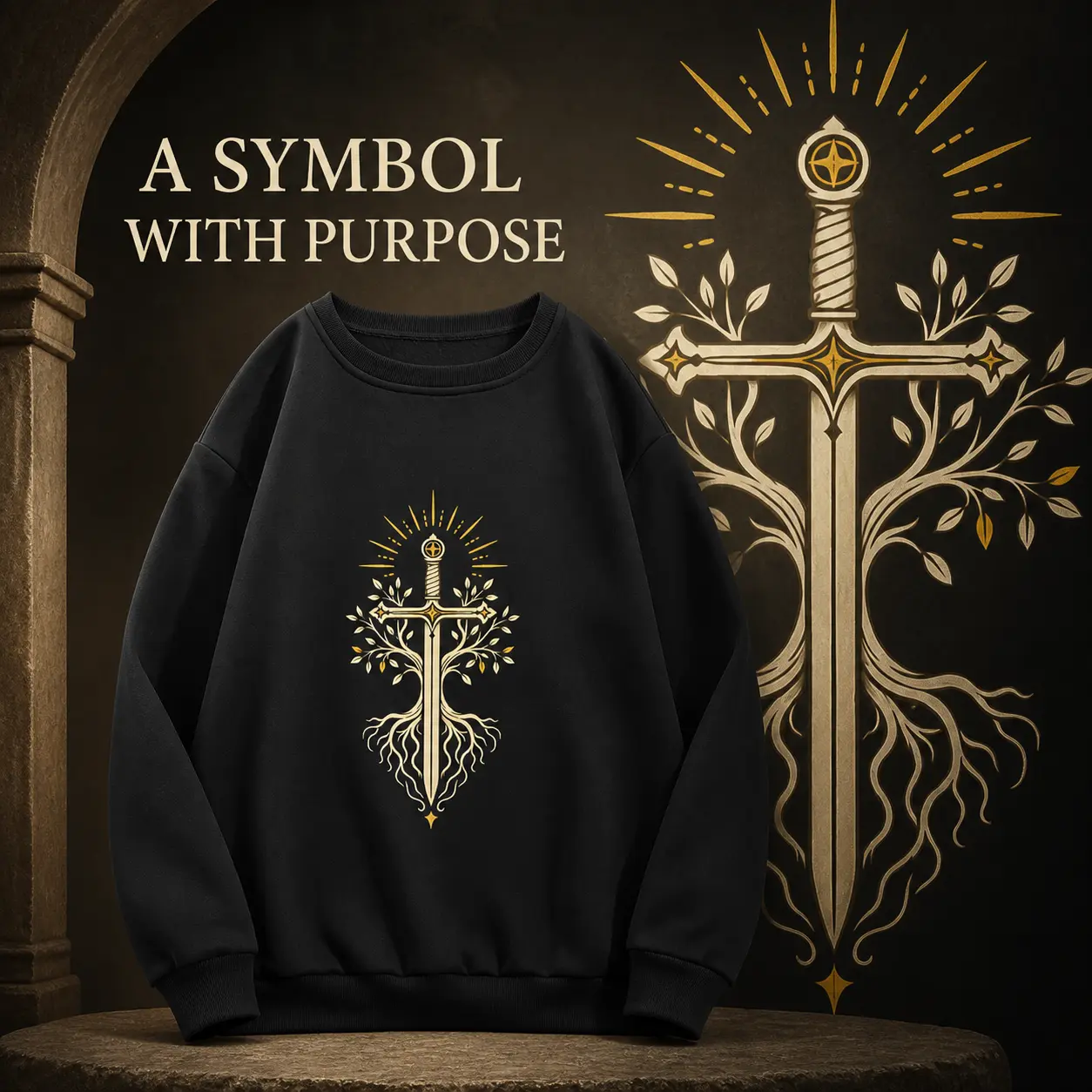 Men's Spiritual Sword Tree Of Life Root Printed Crewneck Sweatshirt - Soft Breathable Unisex Oversized Religious Apparel, Retro Aesthetic Faith-Based Urban Street Wear, Thoughtful Gift For Devoted Christians