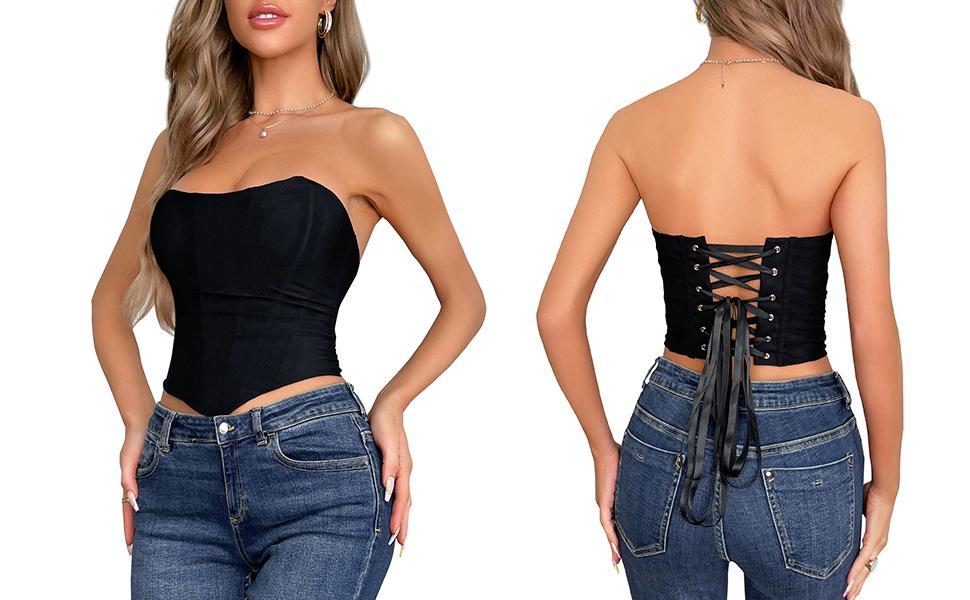 Women Black Corset Tops Satin Summer Going Out Strapless Bustier Crop Top for Party,Gothic,Halloween Costumes