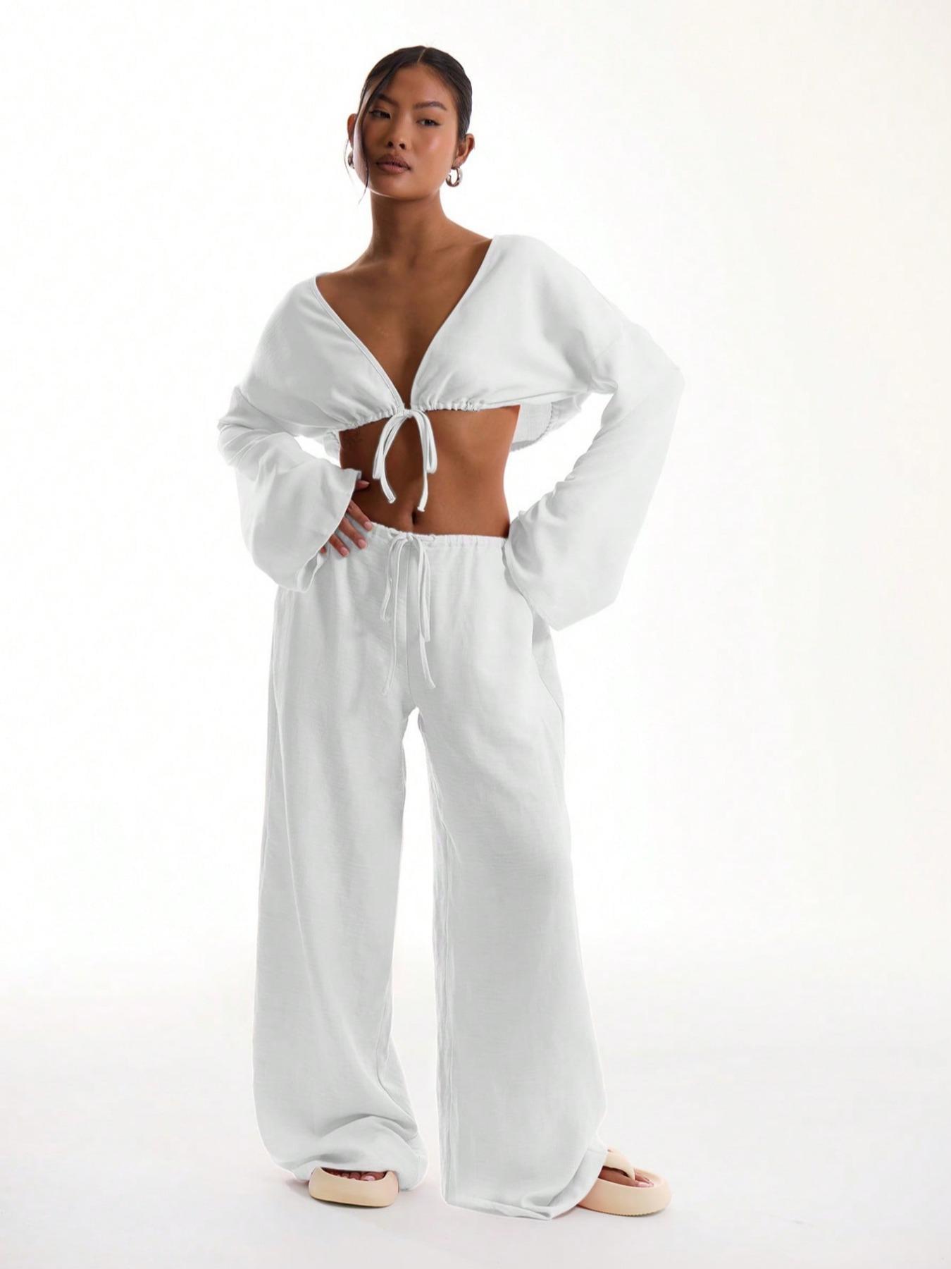 Women's Solid Pocket Pants, Casual Comfy Wide Leg Woven Trousers for Beach Vacation Holiday, Ladies Bottoms for All Seasons, Baggy Legged Pants, Fit