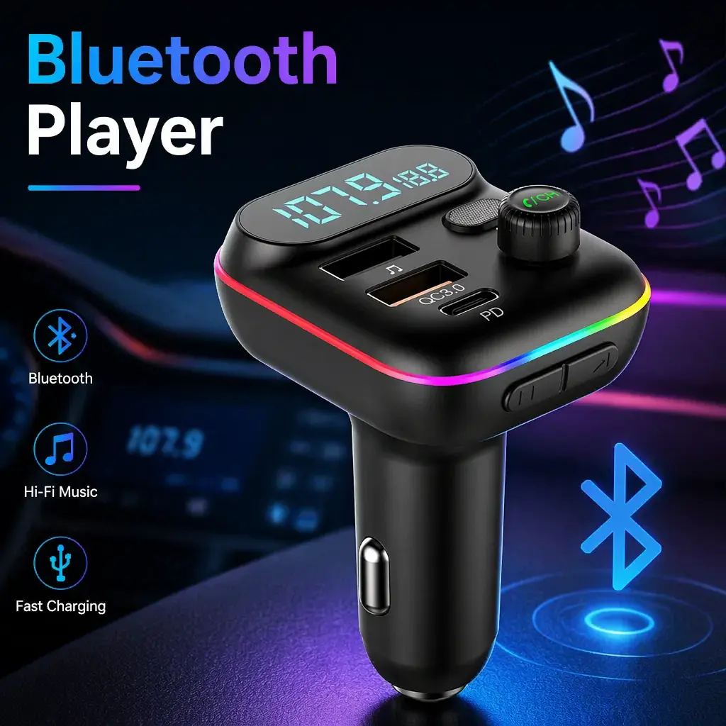 Smart Car Bluetooth FM Transmitter - 1pcs 12v-24v Compact Plug-in, 9-Color RGB Ambient Lighting, PD 20W Fast USB Charger, Hands-Free Calling, Wireless Music Audio Adapter for Smartphones, Ideal for Road Trips Daily Driving