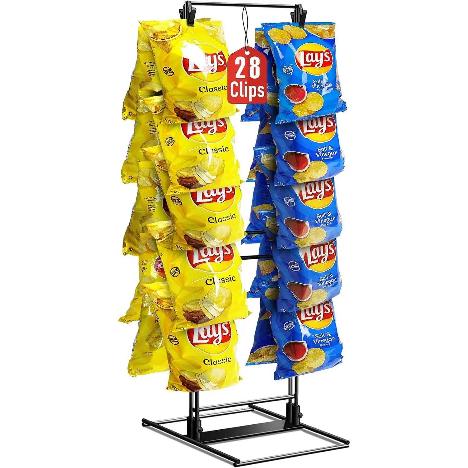 Chip Rack Display Stand,  Chip Rack Bag Holder with 28 Clips, 2 Row Chip Display Stand for Party, Black Retail Snack Display for Countertop, Store Concession Stand - 2025 Upgraded