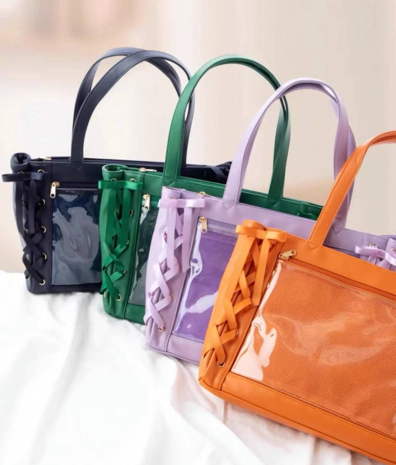 Japanese Sweet Women Ribbon Ita Bag Fashion Large Capacity Tote Bag Aesthetic Shoulder Bag Cute Lolita Girl Transparent Handbags