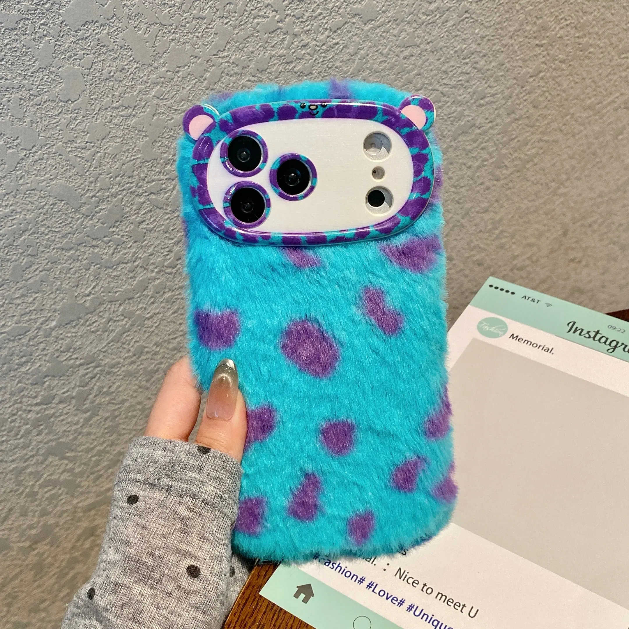 Blue Bear Pattern Long Hair Monster Sullivan Plush Case for Apple iPhone 17 Pro Max/16/15/14/13/12/11, Couple Phone Protector, Phone Shell Protective Cover Accessories