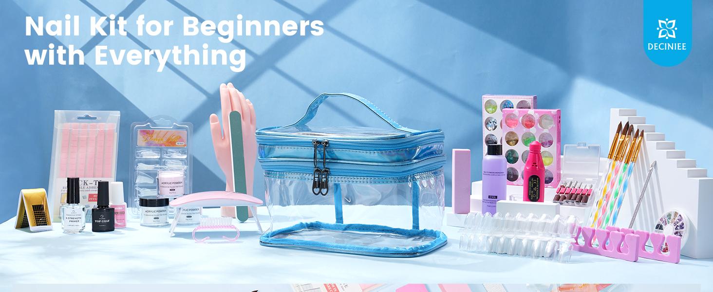 Nail Kit for Beginners with Everything: Professional Acrylic Powder Liquid Set with Nail Practice Hand Drill U V Light in Cosmetic Bag Gift for Women Salon Home (Blue)