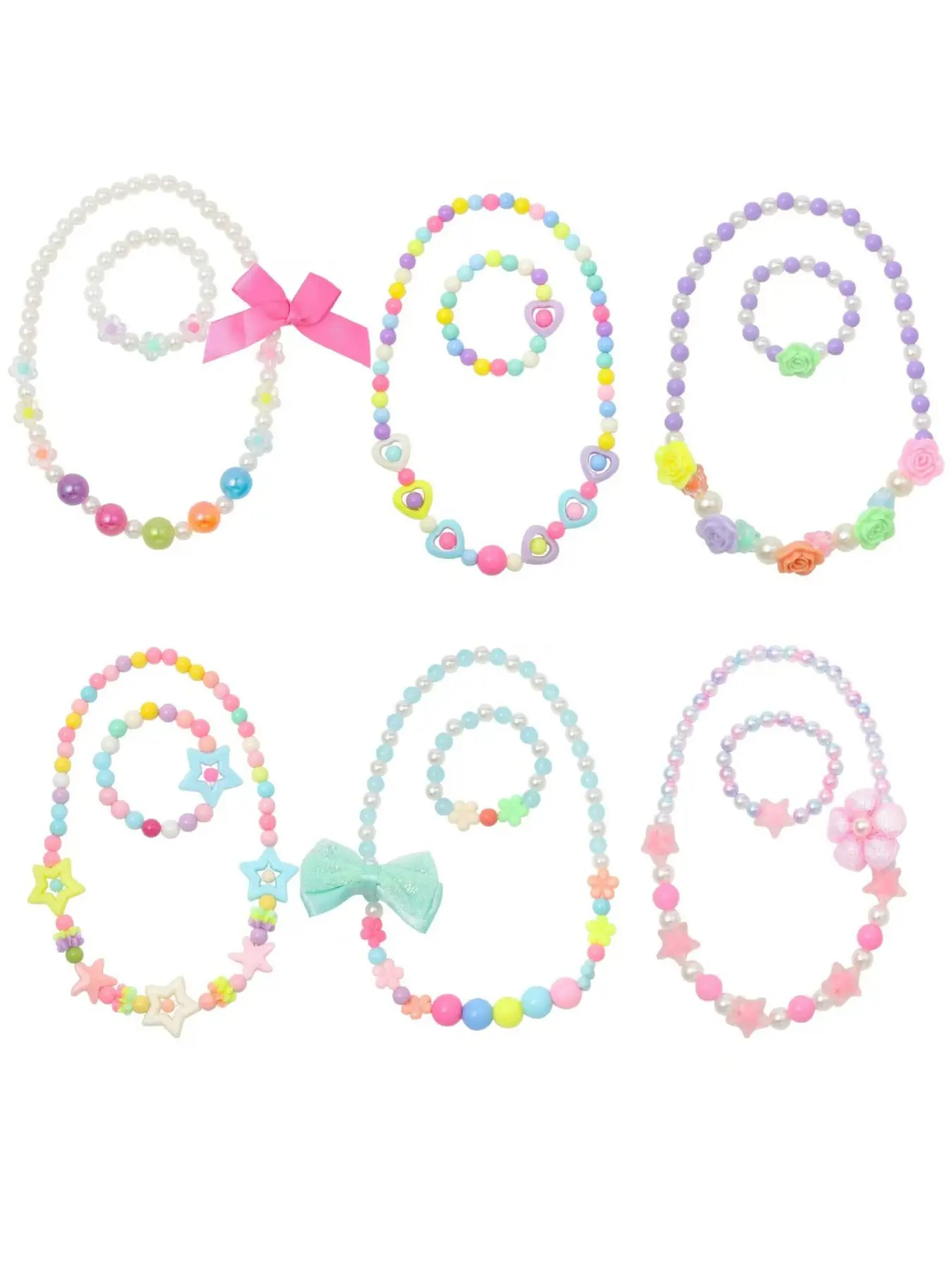 6 Sets Girls Colorful Beaded Jewelry Set, Star Heart Flower Bow Rainbow Elastic Necklace Bracelet, Princess Role Play Toy, Birthday Gift