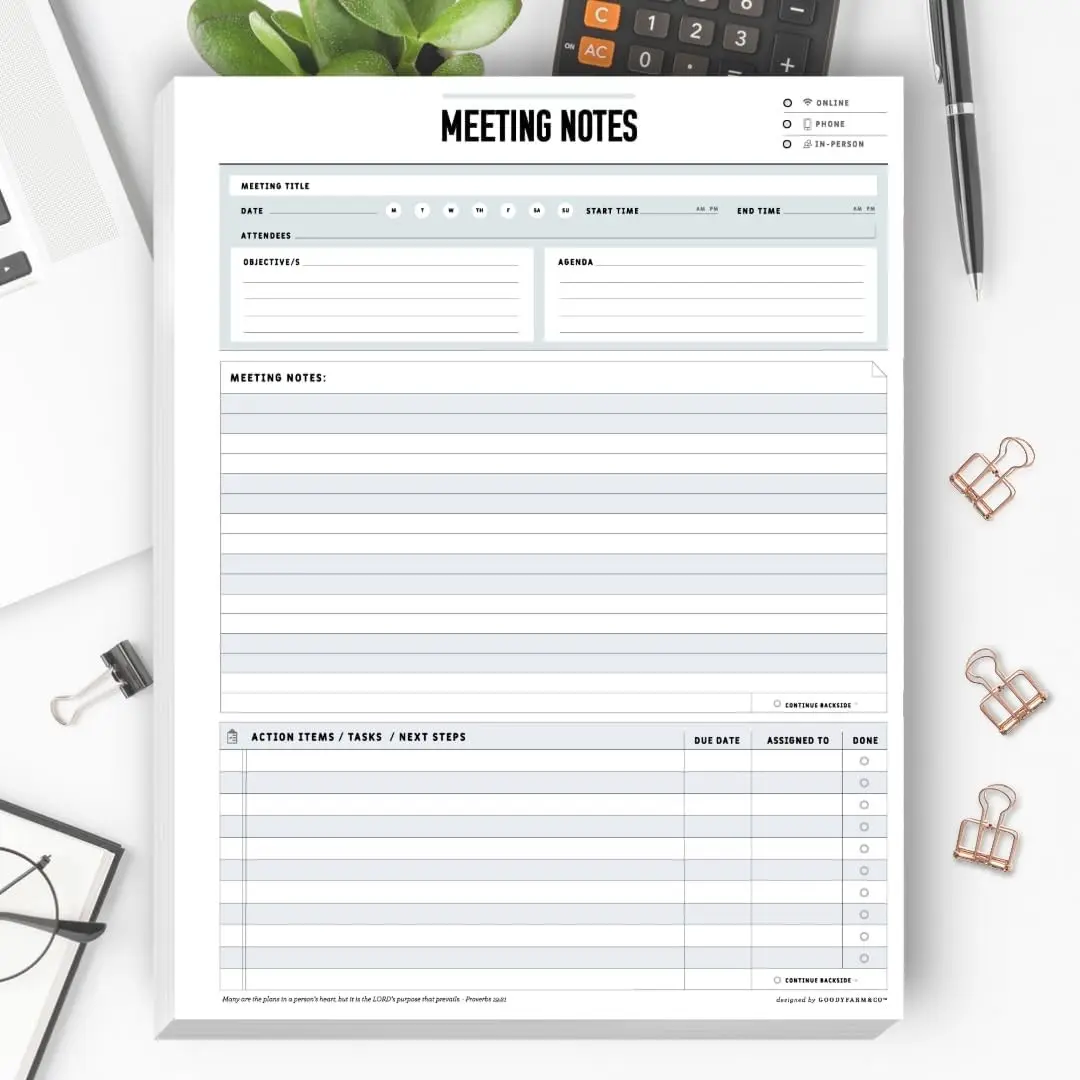 8.5 x 11 Meeting Notepad 50 Double Sided Sheets for Work School Meeting with Objectives Agenda Notes Action Tasks Project Pads