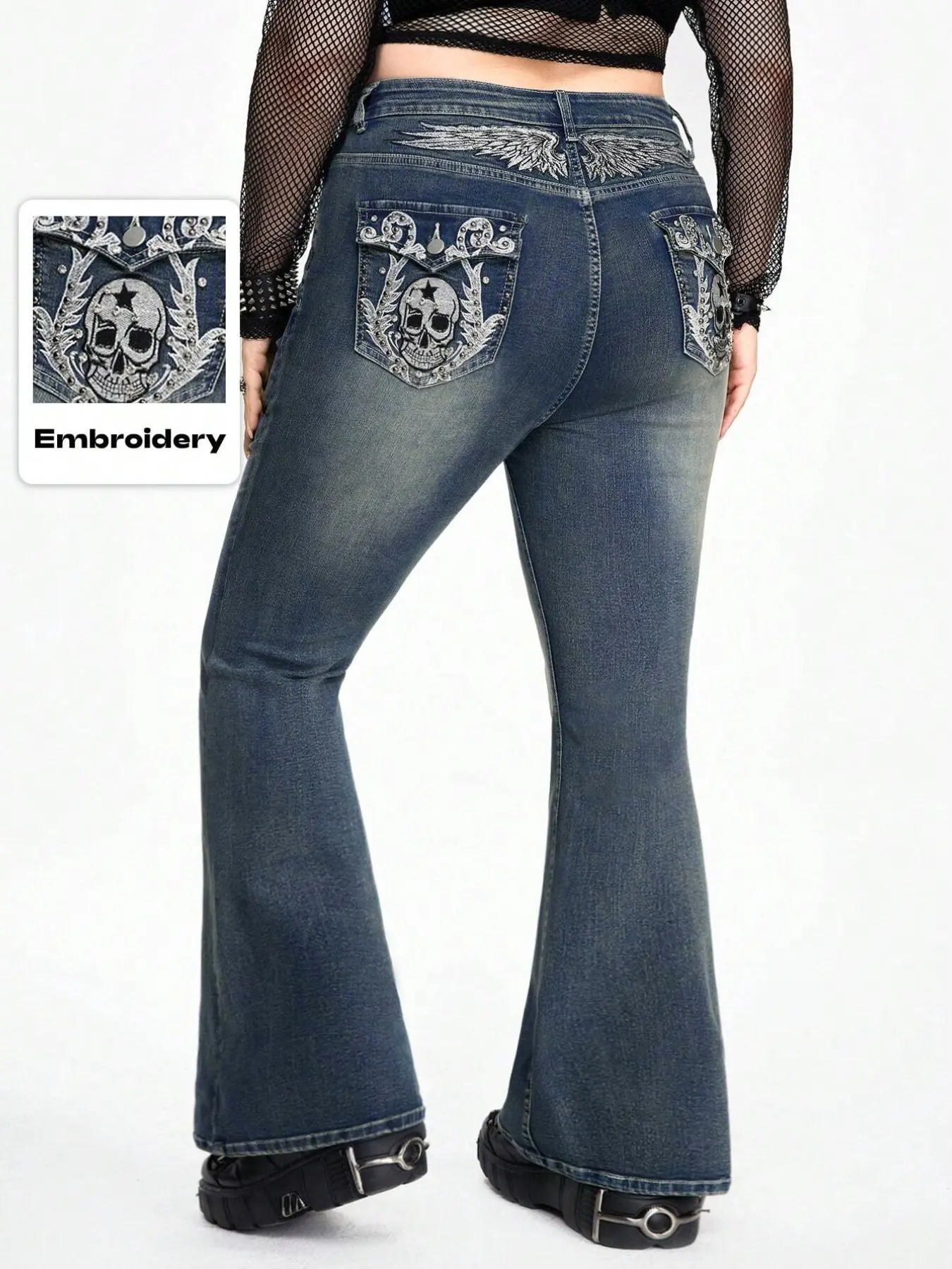 Plus Size Punk High Waist Bell Bottom Denim Jeans for Women, Skull Wing Embroidery Rivet Distressed Washed Micro Bell Pants, Subculture Hot Girl Fashion High Waisted Jeans Flare Leg Jeans