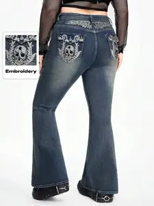 Plus Size Punk High Waist Bell Bottom Jeans for Women, Skull Wing Embroidery Rivet Distressed Washed Micro Bell Pants, Subculture Hot Girl Fashion