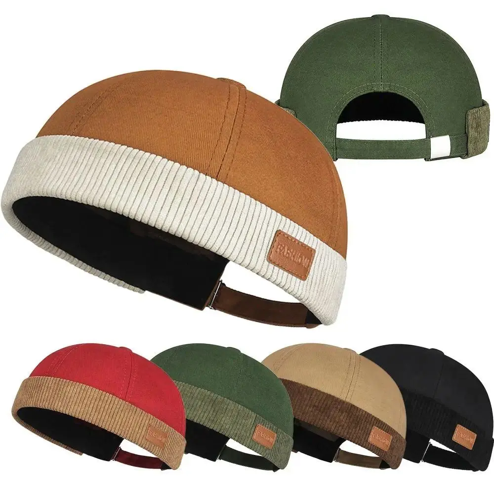 Vintage Corduroy Docker Cap for Men, Solid Color Adjustable Brimless Beanie, Casual Streetwear, Men's Accessories, High Quality, 1X Brimless Hat