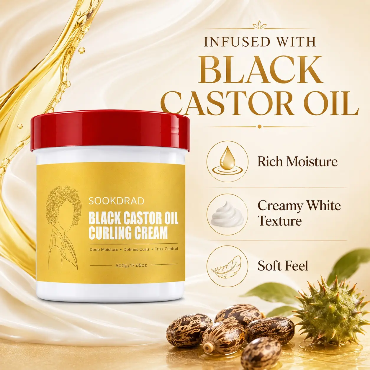 Black Castor Oil Curling Cream, Deep Moisture, Defines Curls, Frizz Control For Curly Hair, 500g