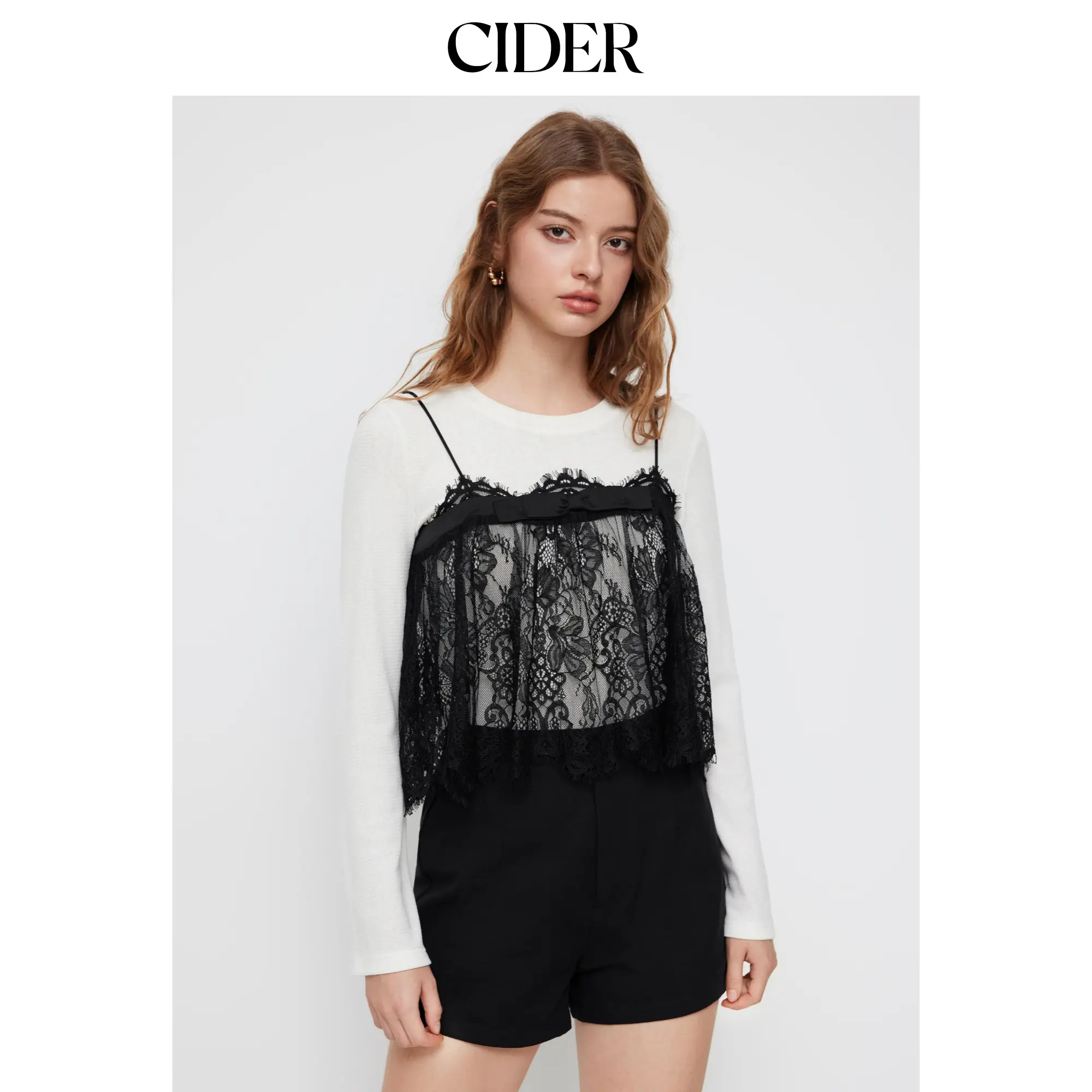 Cider 2-Piece Lace Bowknot Cami Top & Solid Long Sleeve Top SohoChic