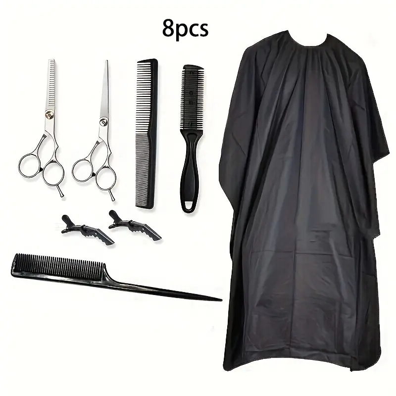 8pcs Haircutting Tool Set, Includes Flat Shears, Toothed Shears, Trimmer Comb, Brush, Clips, Barber Apron, Essential Grooming Kit