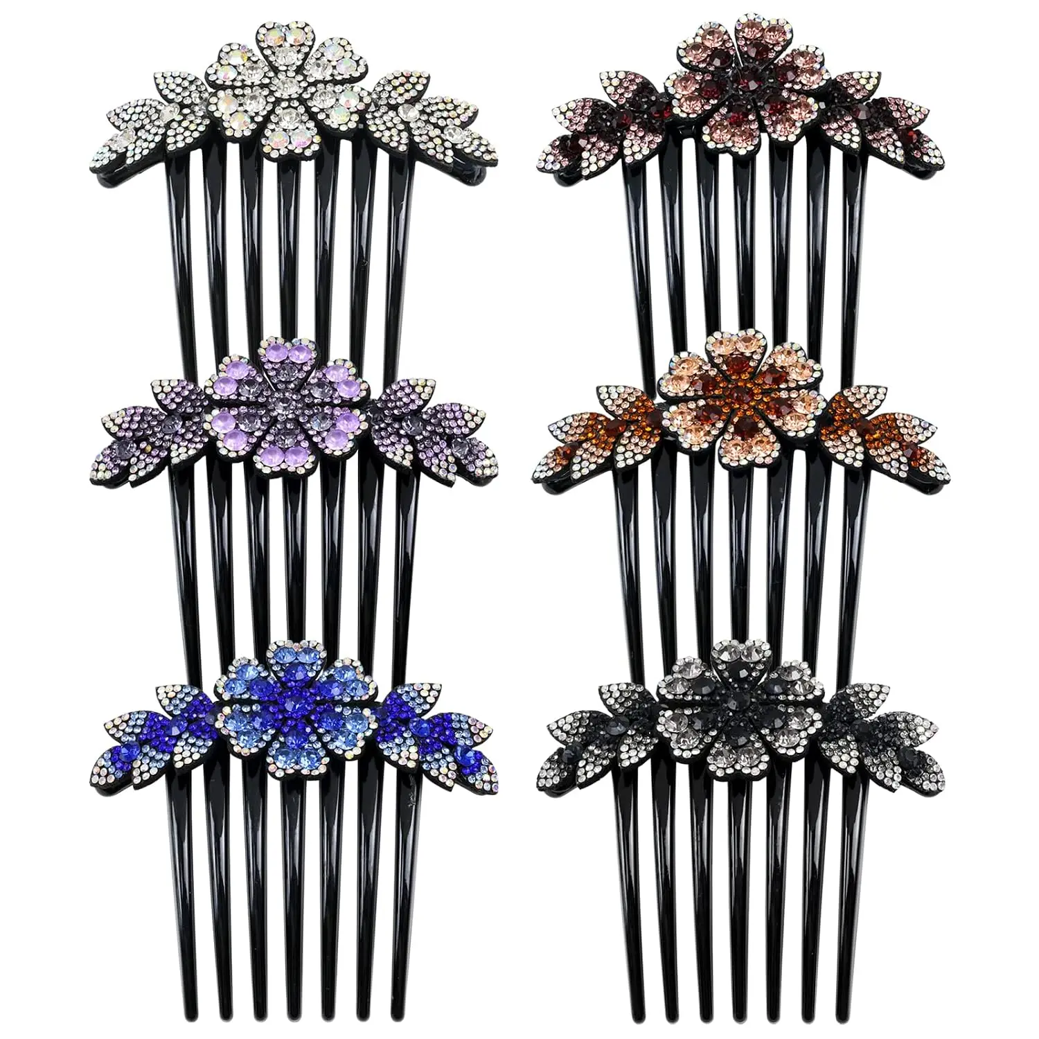 6 Pack Luxury Sparkly Glitter Flower Leaf Rhinestone Black Plastic Hair Side Combs  Twist Slides Hairpins with Long  Barrettes Bun Updo Clips Holders for Long Thick Hair Accessories
