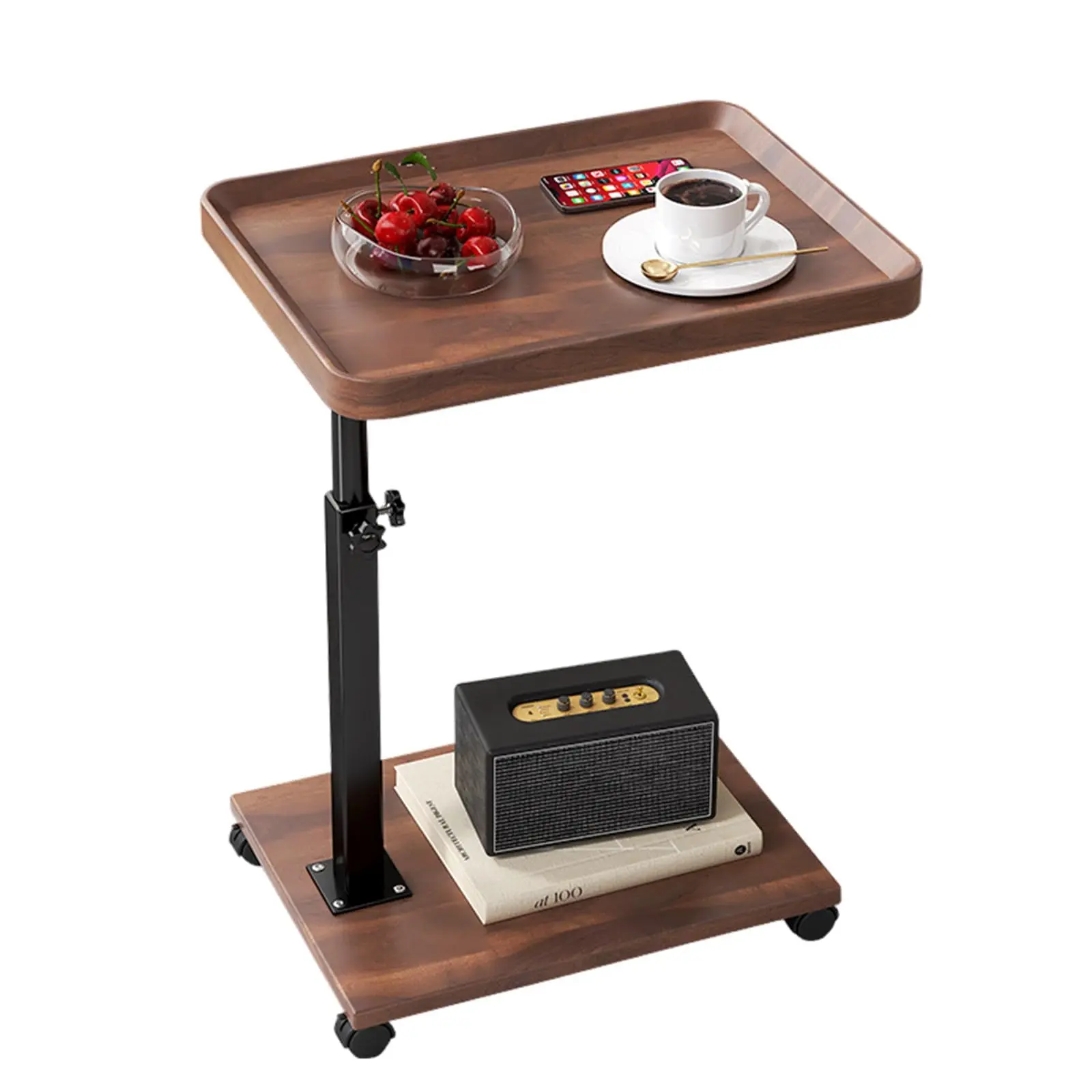C Shaped End Table with Wheels & Adjustable Height, Rolling Side Table that Slides Under Couch, Swivel TV Tray & Laptop Table for Sofa and Bed