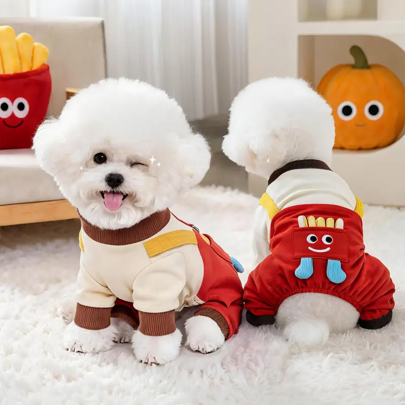 Fall Winter Color Block Dog Jumpsuit Cute Doll Suspender 4 Leg Pet Clothes Puppy Overalls Warm Outfit for Bichon Frise Pomeranian Teddy Small Dogs Daily Walking Apparel