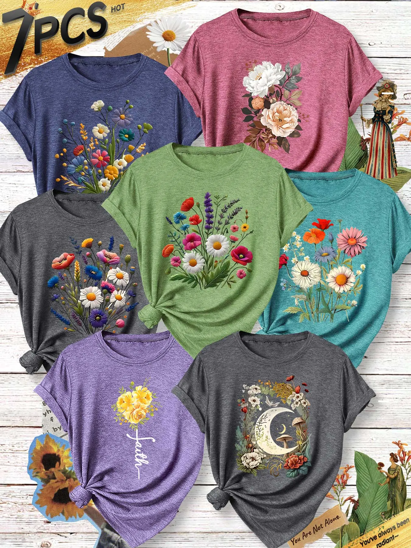 7Pcs Plus Size Women Crew Neck T-Shirt, Peony Crescent Moon Dreamy Botanical Illustration Print, Multi-color Available, Machine Washable, Soft Skin-friendly Spring Summer Daily Stylish Top