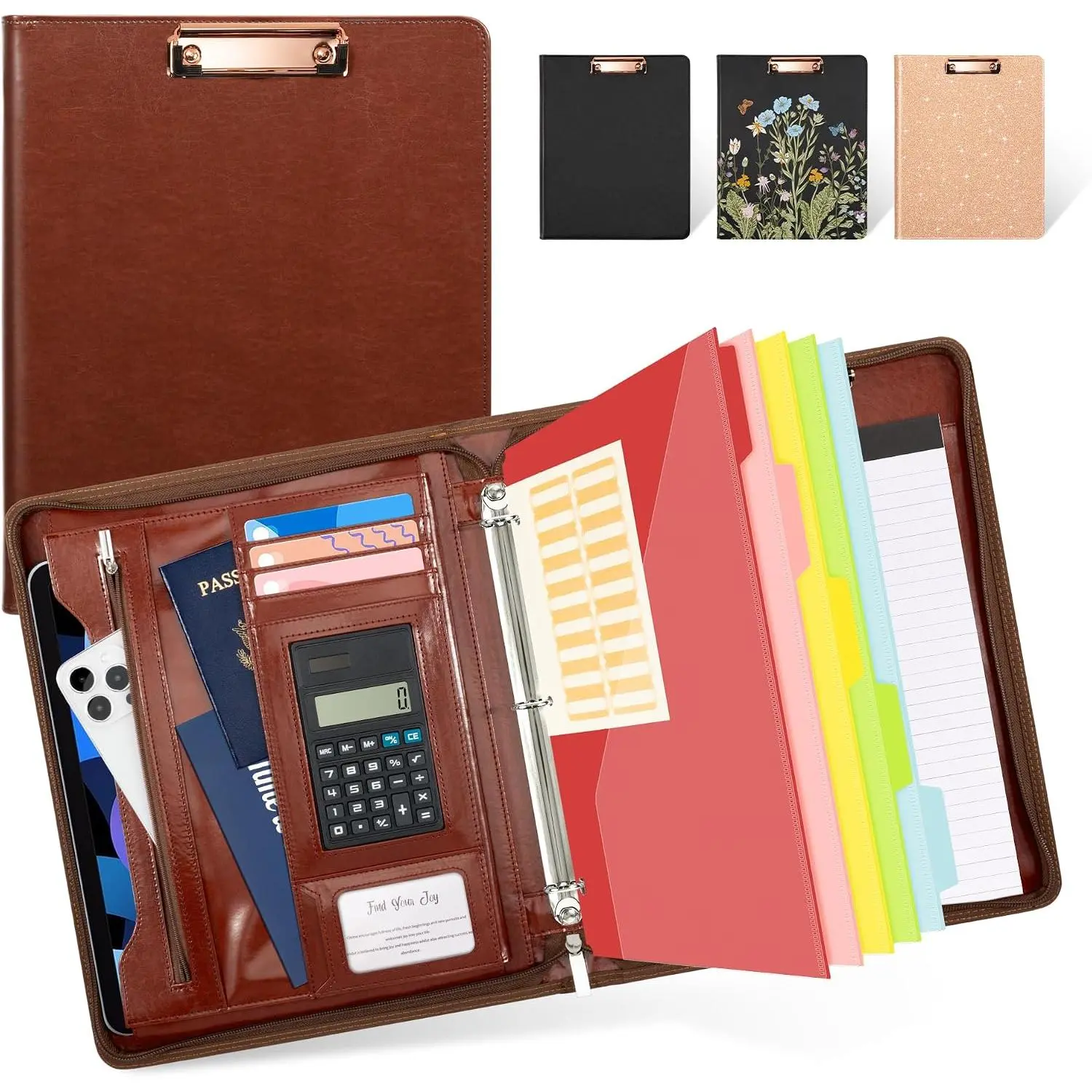 3 Ring Binder Portfolio Folder with Zipper- Leather Padfolio with Clipboard Storage- Calculator, 12.1” Tablet Sleeve, 5 Dividers with Pocket, Refillable Notepad, Card Slot (Red Brown)