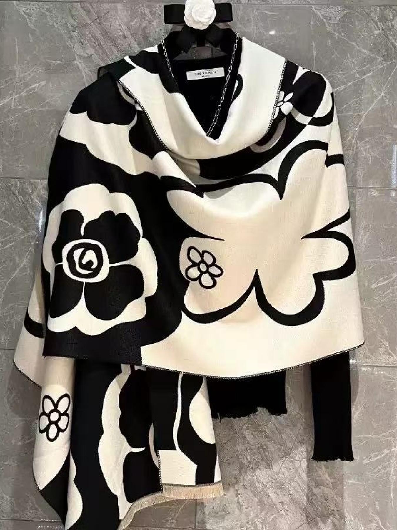 Women's Vintage High-End Plaid Jacquard Knit Scarf, Warm Fashion Accessory for Daily Wear & Air Conditioning Use, Floral Pattern Shawl