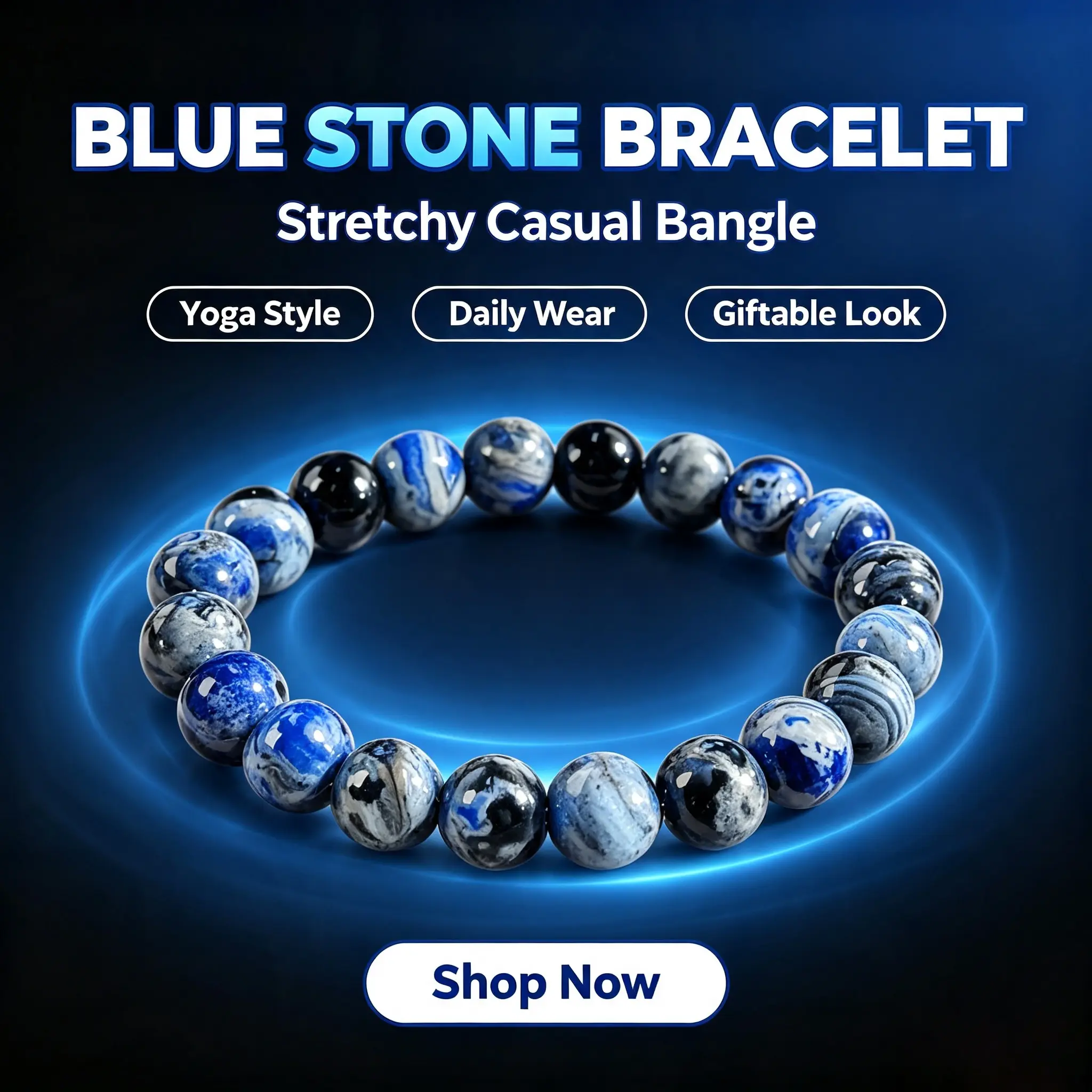 Geometric Mixed Round Beaded Circle Blue Stone Bracelet - Stretchy Casual Bangle, Costume Jewelry for Anytime Everyday Wear, Stretchy Fit