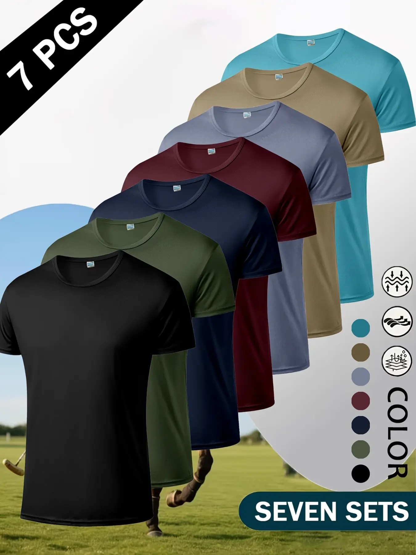 7-Pack Ultra-Light Men's Round Neck T-Shirts, Quick-Dry, Breathable, Sweat-Wicking, Ideal for Gym, Running, Fitness Training