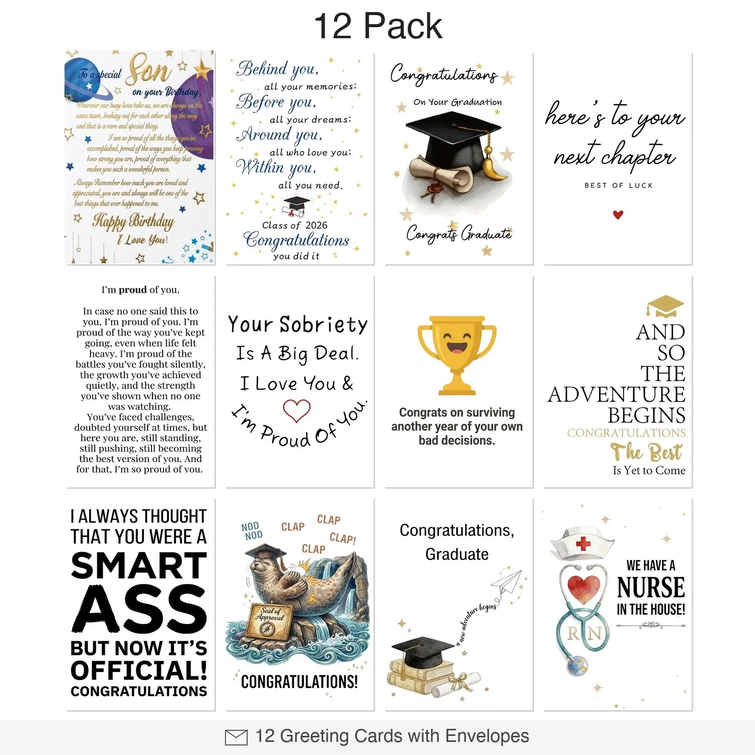 Graduation Cards 12 Pack with Envelopes – Congrats Achievement Greeting Cards for Students, Blank Inside, 5x7 Inch, Premium 300GSM