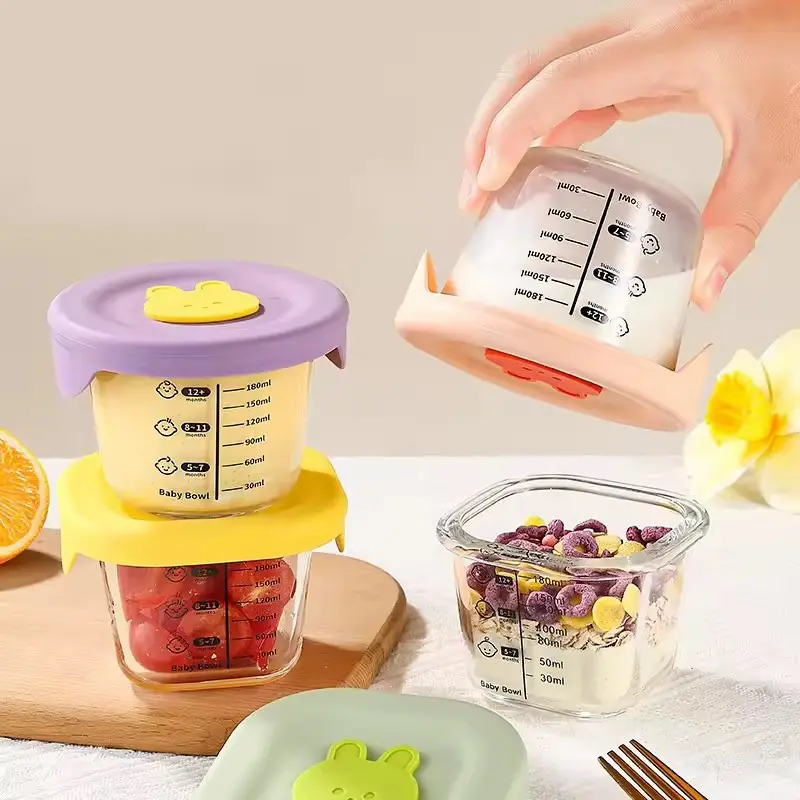 2pcs Food Storage Containers, 6oz Round and Square Glass Jars with Silicone Lids and Measuring Marks, Ideal for Milk, Fruits, Cooking, Kitchen Organization
