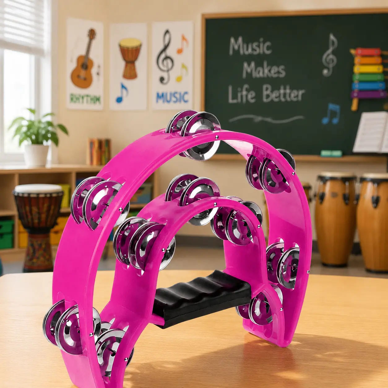 Handheld Half Moon Tambourine Double Row Metal Jingles Percussion Instrument Musical Toy for Party KTV Performance