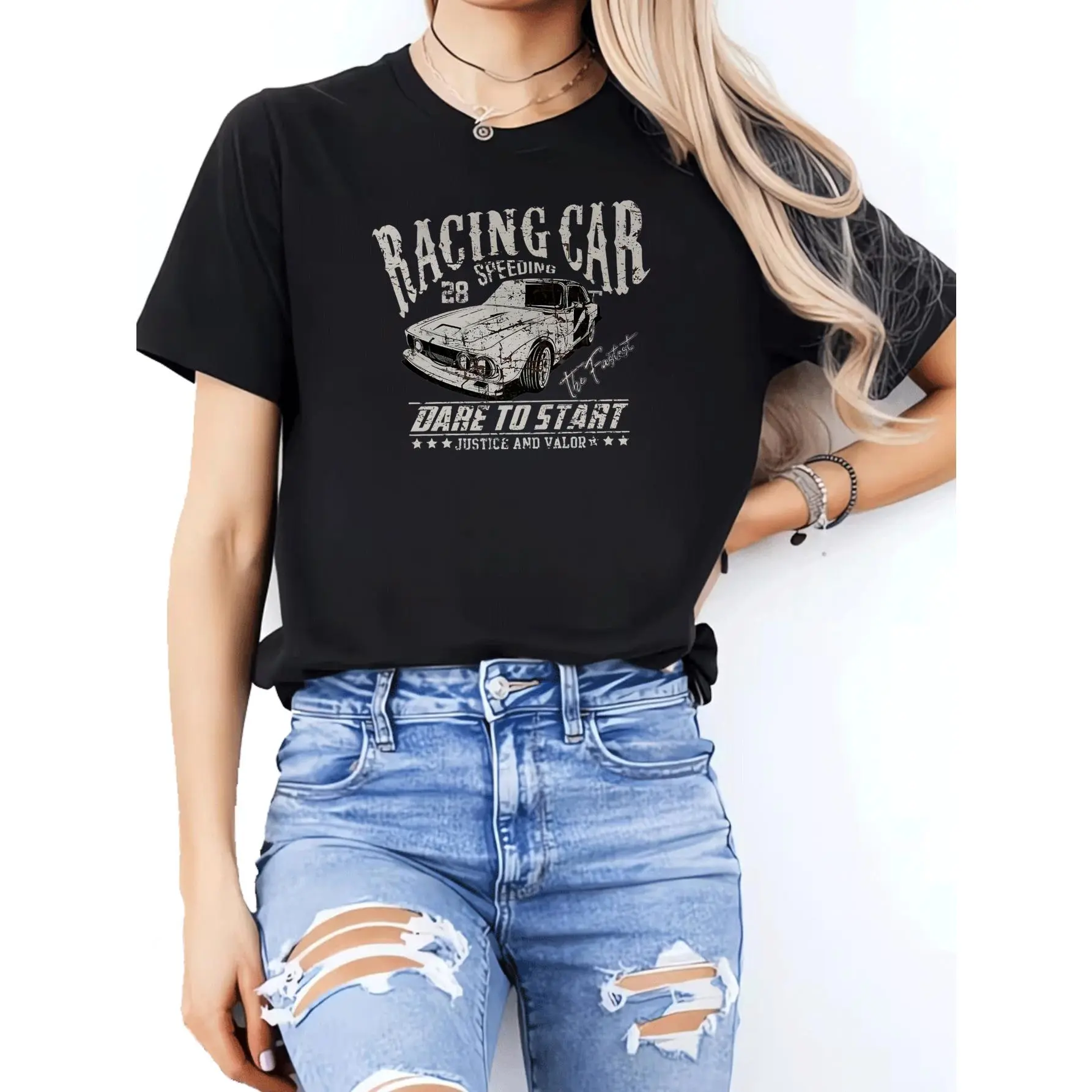 Women'S Racing Car Graphic T-Shirt - Casual Crew Neck, Short Sleeve, All-Season Streetwear Tee with "Racing to Start" Design, Black, Casual Wear Tee | Crew Neck Tshirt | Graphic Print Tee