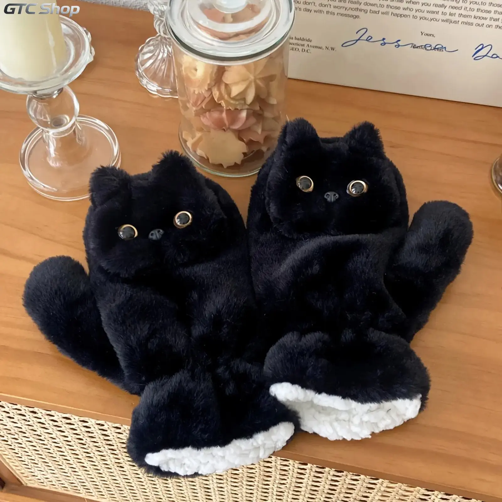 Cute Black Cat Plush Gloves, Windproof Cold‑Resistant Full Coverage Winter Gloves, Adorable Warm Thermal Mittens for Outdoor Daily Activities