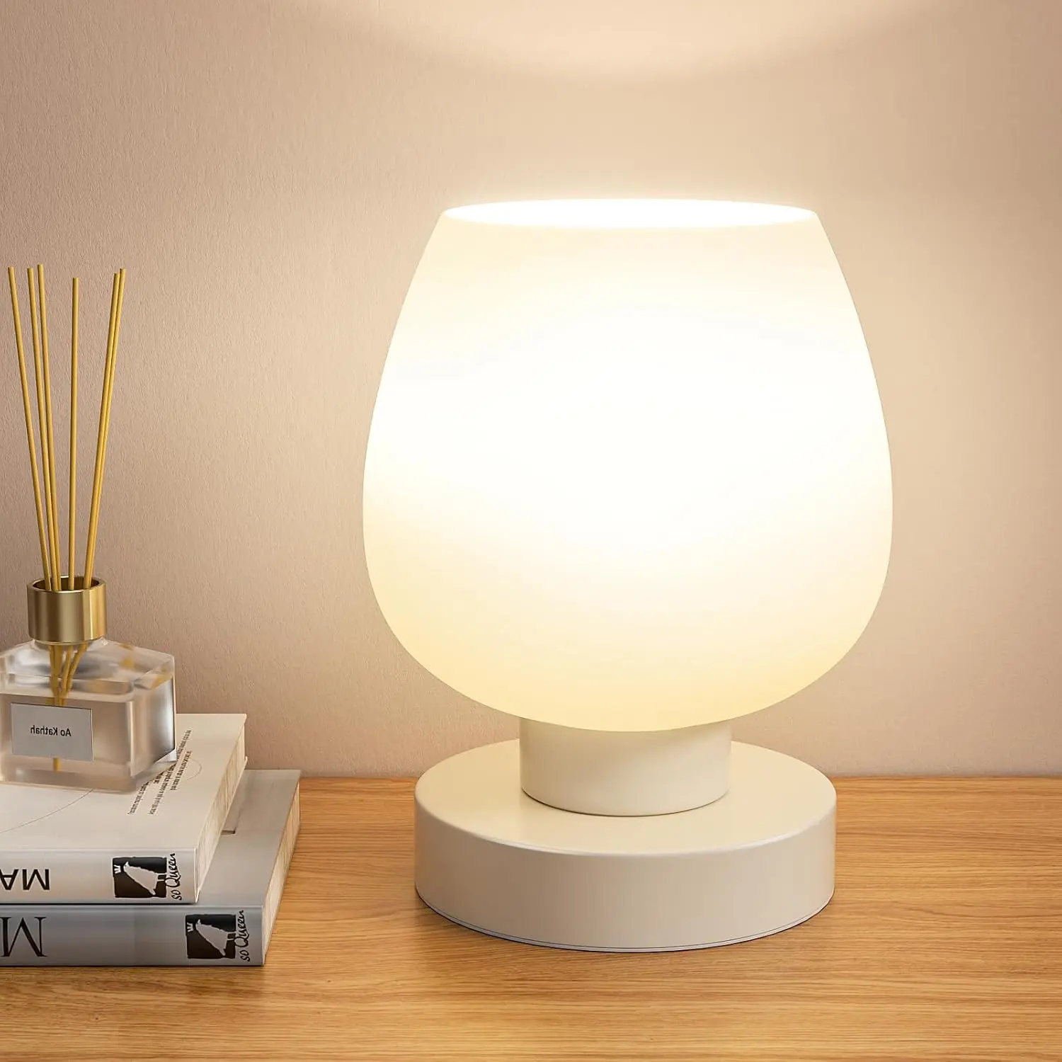Touch Table Lamp for Nightstand - Small Bedside Lamp for Bedroom Living Room Night Stands, Desk Lamp with White Glass Shade for Small Spaces, 3 Way Dimmable, LED Bulbs, Gifts