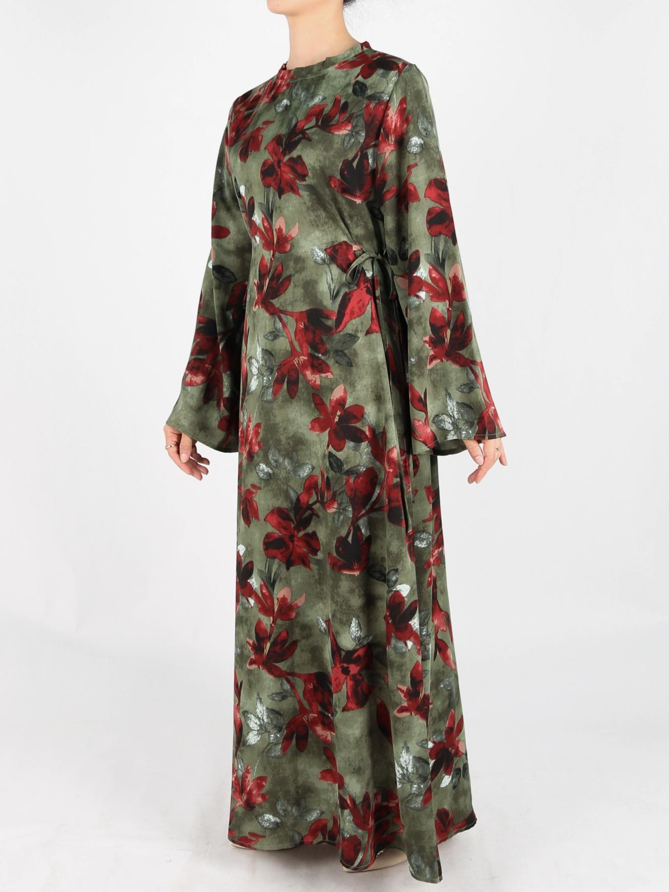 Women's Tie Side Zipper Back Dress, Elegant Long Sleeve Belted Abaya Dress for Daily Wear, Ladies Islamic Clothing for All Seasons