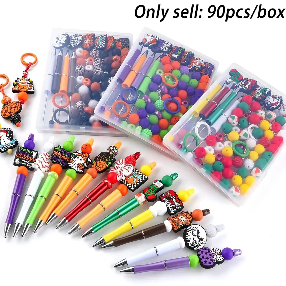 Halloween Bead Assortment, 90pcs Acrylic & Silicone Round Beads, Devil Pumpkins Trees Bows Design, DIY Jewelry Making Supplies, Seasonal Decorations, Beading Supplies
