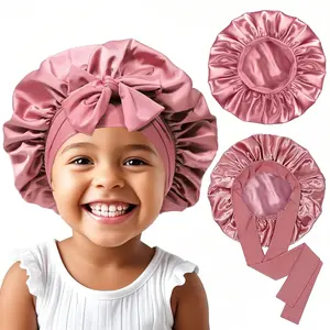 2 count  Bonnet  Silk Satin Bonnet for  Sleeping Cap - Elastic Wide Band Hair Bonnets Curly  Hair  Bonnet with Tie Band, Bonnets for Girls Boys  - Rose
