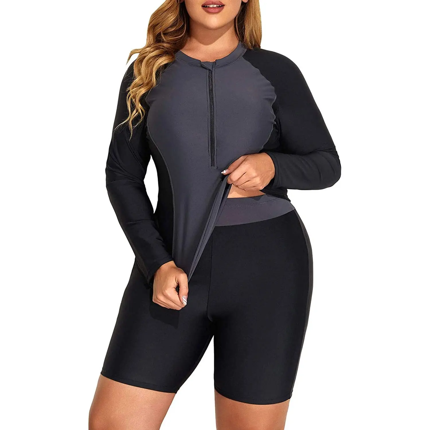 Daci Women Two Piece Plus Size Long Sleeve Rash Guard Bathing Suit Zip Front Athletic Boy Shorts Tankini Swimsuits UPF 50