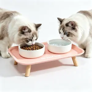 Ceramic Double Pet Bowl Raised for Cats Dogs – 15° Tilted Elevated Feeding Station, Non-Slip Anti-Vomiting Neck Relief Food Water Dishes with Stand, Animal Water Bowl