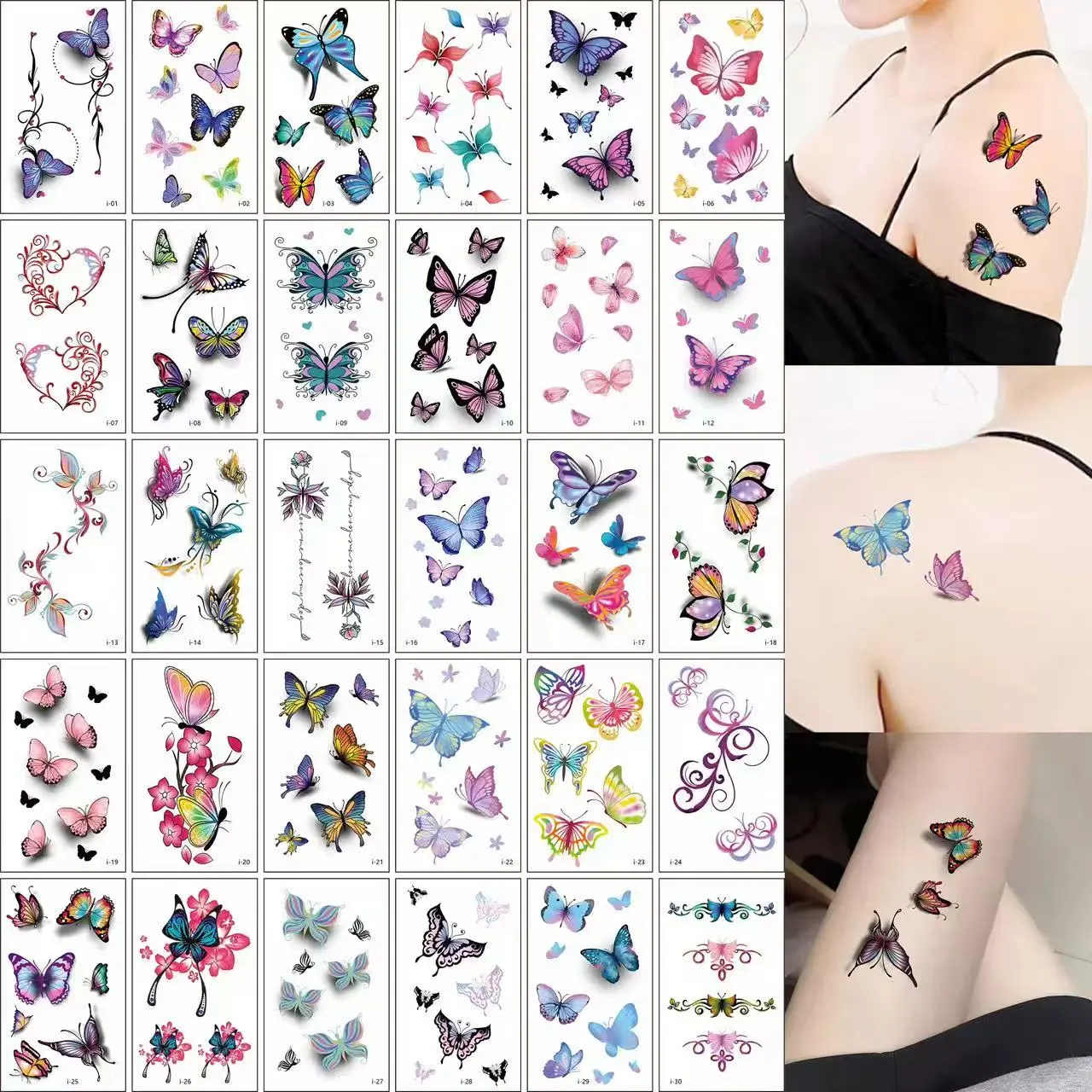30-Piece Colorful Butterfly Temporary Tattoos, 3D Stereo Realistic, Waterproof & Long-Lasting for Women, Photography Art Stickers, Sexy Scar Cover Up