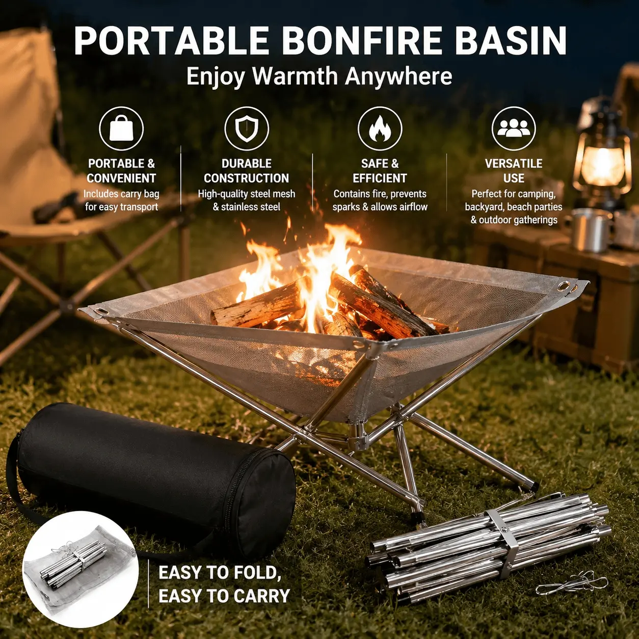 Collapsible Stainless Steel Fire Pit, 16.5 Inch (42cm) Portable Campfire Bowl, Outdoor Fire Pits BBQ & Backyard, Carry Bag Included