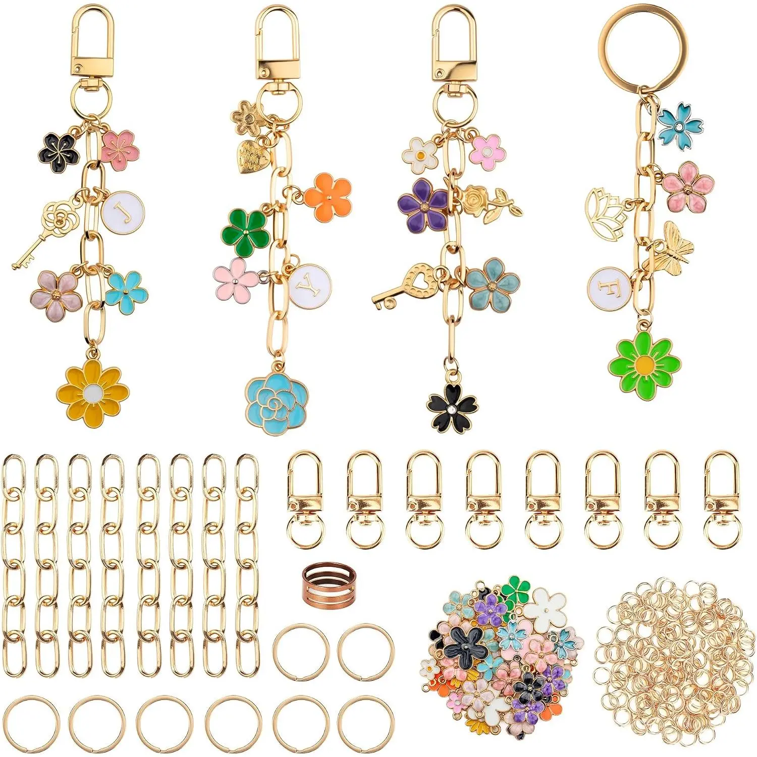 105-Piece DIY Beading & Jewelry Making Charm Set, Crafting Kits with 30 Flower Charms, 8 Clips, Key Fobs, Extender Chains, 50 Jump Rings, Jump Ring Tool & Plated Finish for DIY Craft Gifts