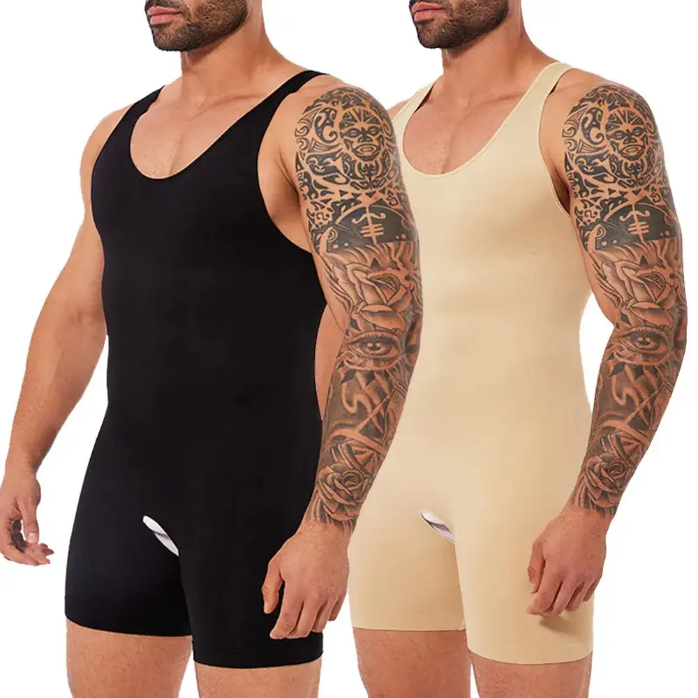 Slim Fit Menswear Bodysuit, Plus Size Full Body Shaper Jumpsuit with Tummy Control, Chest Binder & Open Crotch, Corset