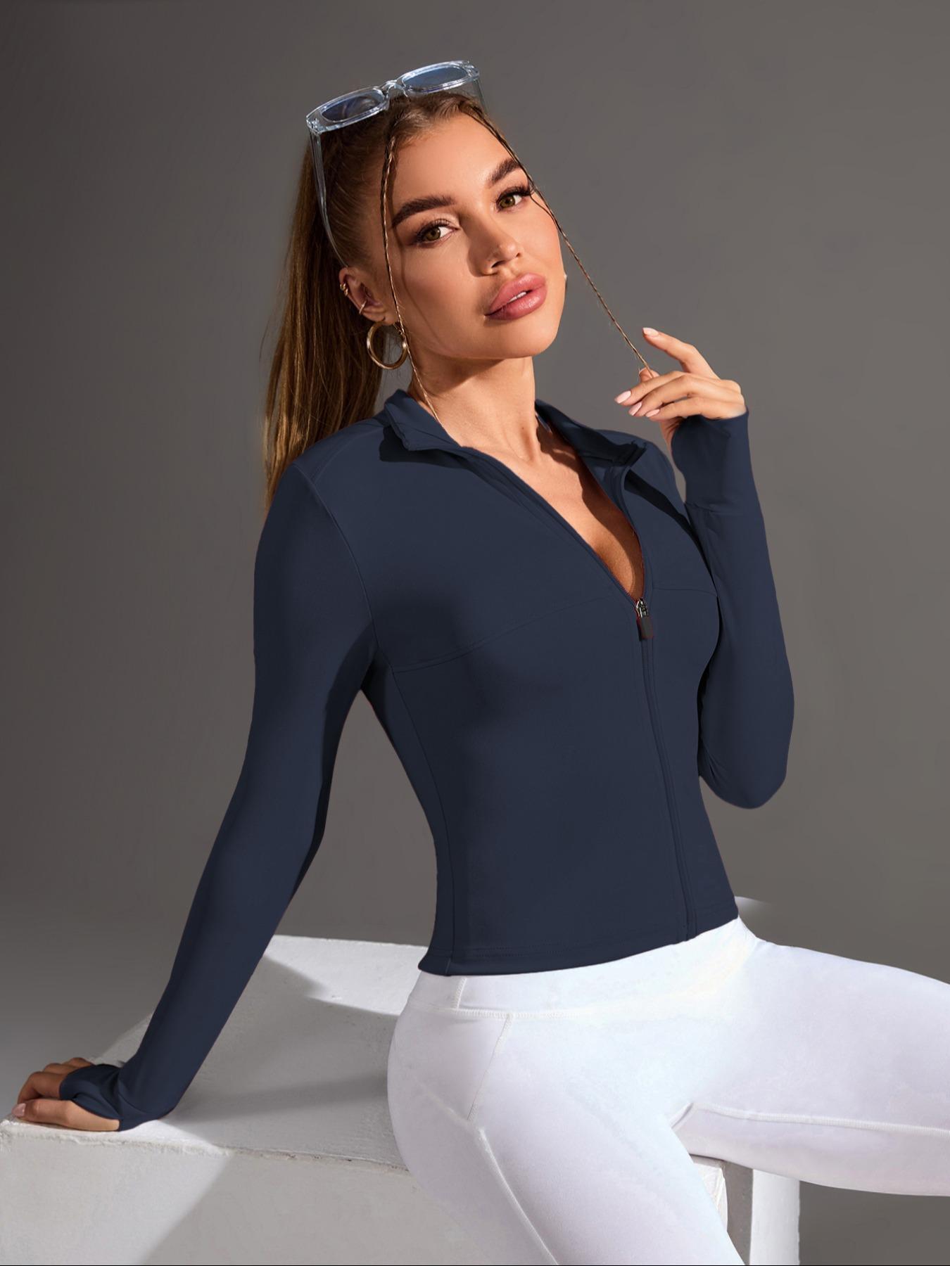 Women's Fashion Sport Jacket, Sporty Sports Outerwear, Workout Jackets, Stand Collar Design, Finger Gloves Included, Zippered Waist Hidden Curve, Yoga Running Fitness Casual Top