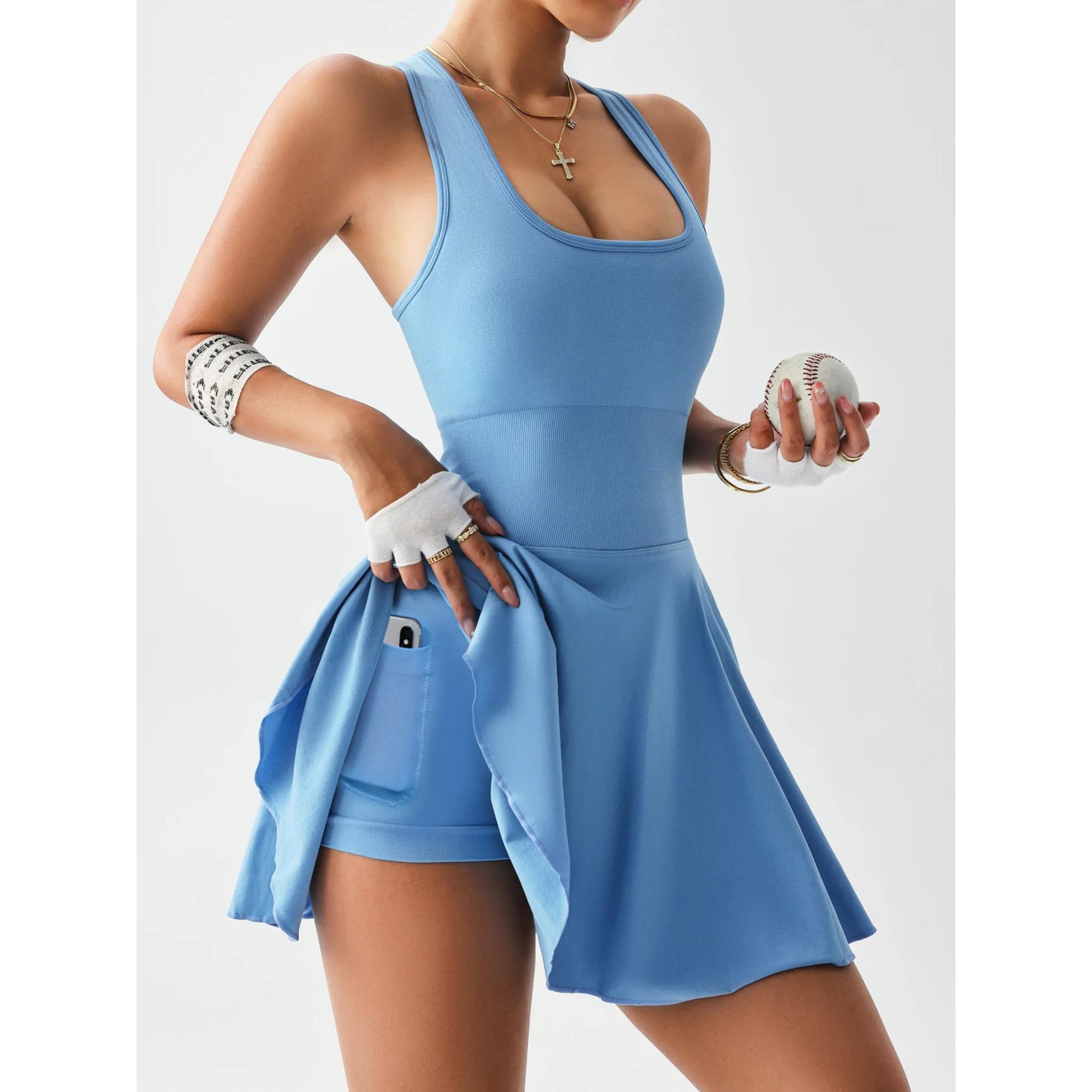 Women's tennis dress one-piece slim fit soft sportswear golf badminton suit with chest cushion sports yoga suit, Women's Seamless Racerback Tennis Dress with Built-in Shorts, Golf Activewear with Pockets