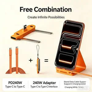 240W Fast Charging Cable Type C to C with Removable Foldable Bracket Stand for Phone Tablet Supports Simultaneous Charging and Gaming Watching Videos Durable Silicone Zinc Alloy Shell 150cm Long,Applicable to iPhone 15 - 17 Pro Max / Samsung /