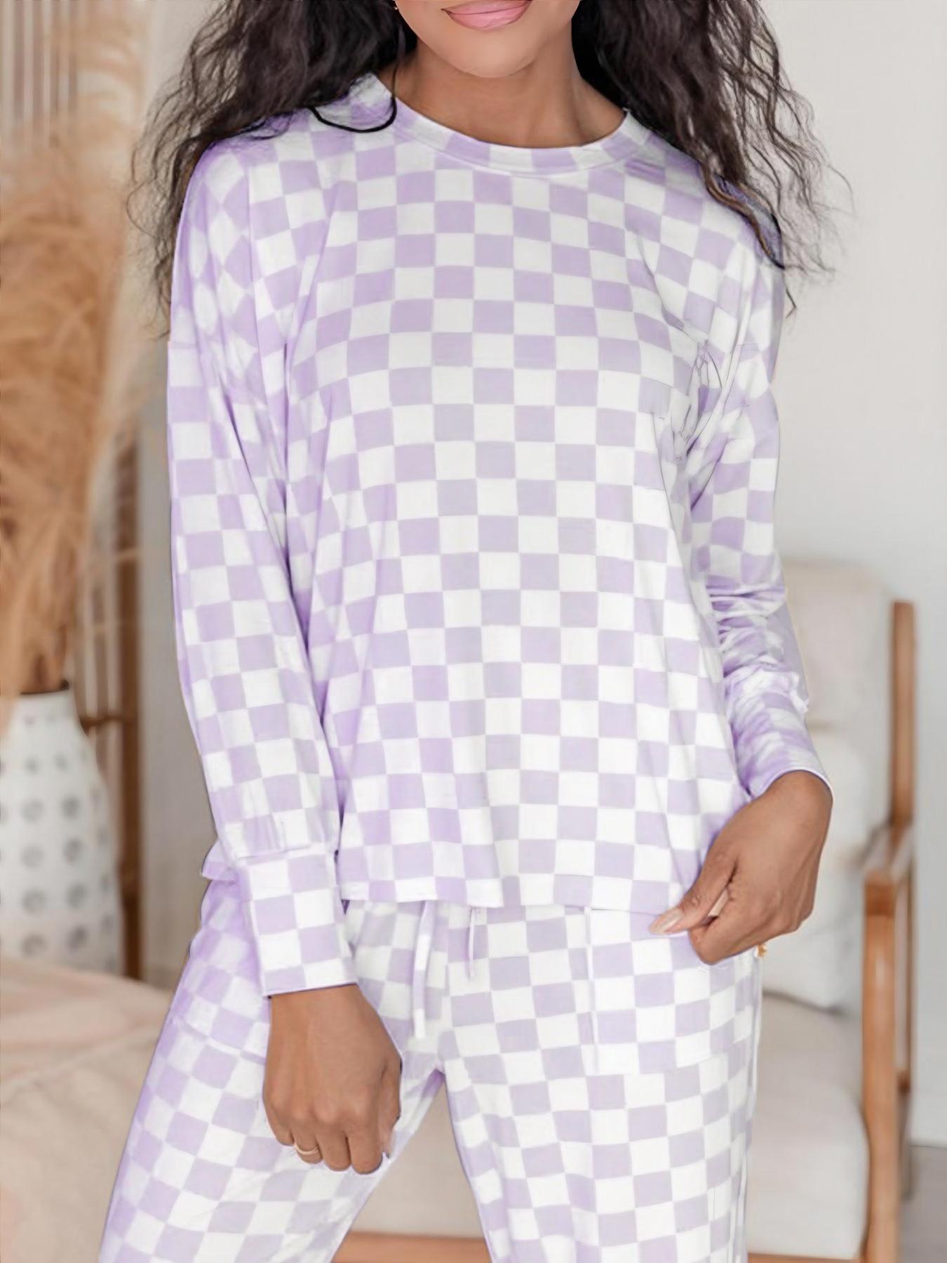 Women's Checkerboard-Print Long Sleeve Tee & Drawstring-Waist Pants Pajama Two-Piece Set, Casual Comfy Round Neck Top & Pocketed Trousers PJ Set, Ladies' Sleepwear & for All Seasons, Soft Lounge Sets