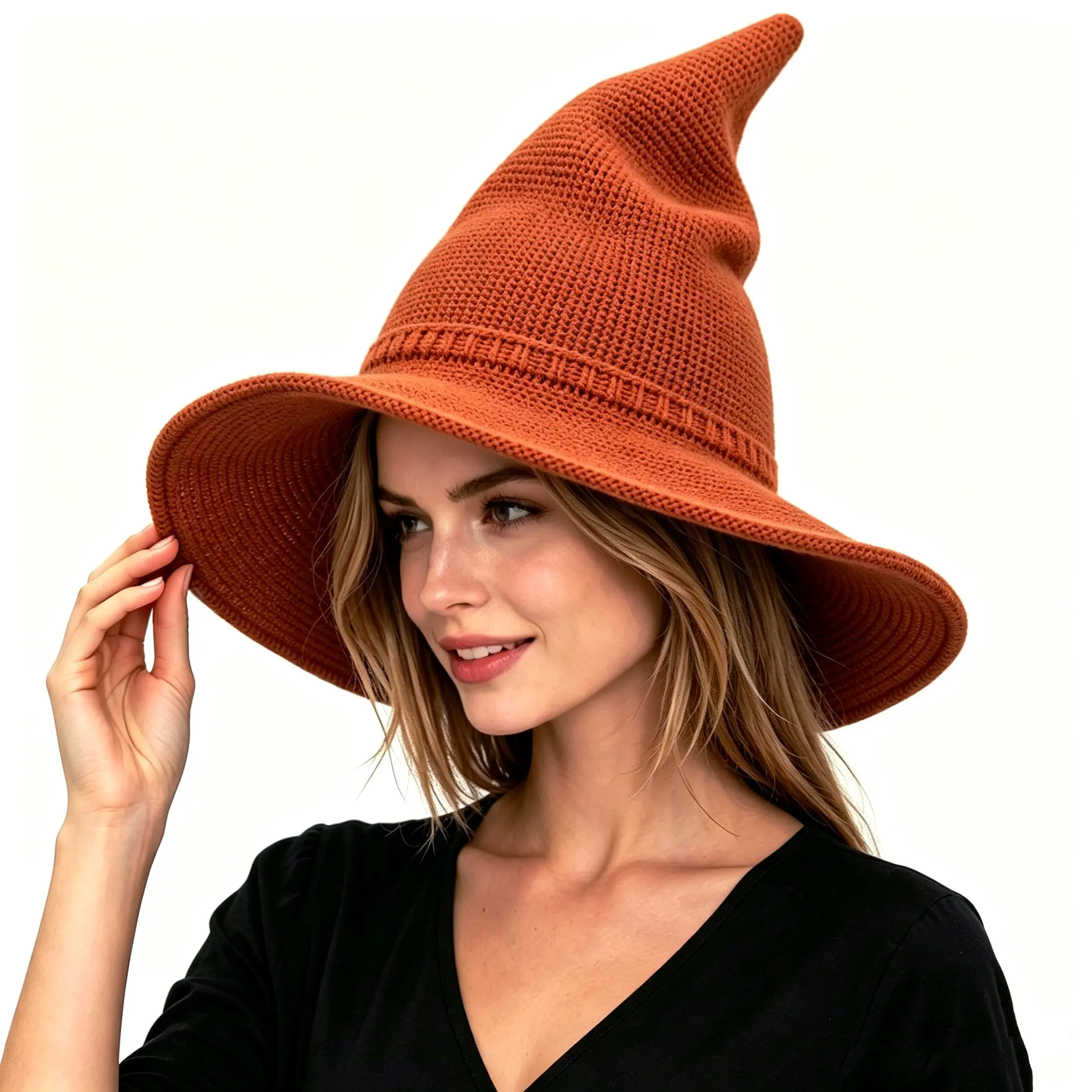 Knitted Witch Hat for Women and Girls, Soft Foldable Pointed Wizard Hat with Wide Brim, Halloween Costume Accessory for Party, Cosplay, Photoshoot and Festive Outfits