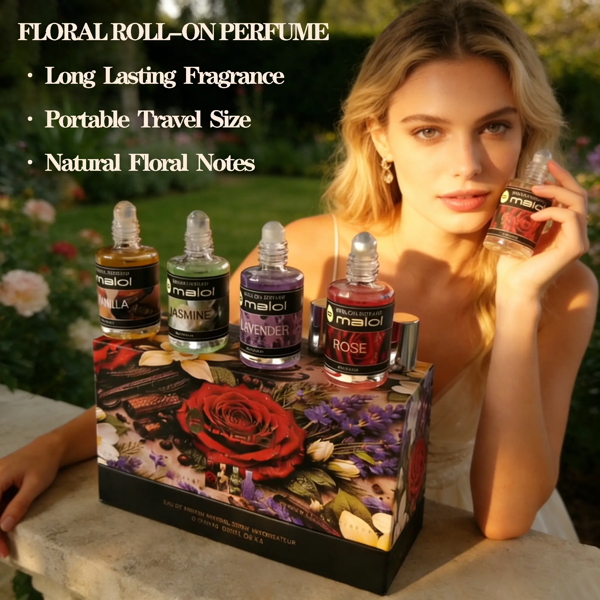 Roll-On Perfume Set, Perfume Kit, Jasmine, Vanilla, Lavender, Rose Fragrances, Long-Lasting Scent, Elegant Gift for Travel, Commute, Dates